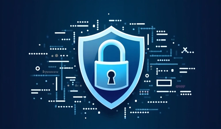 Ilustrace zabezpečeného ukládání dat, s ikonami zámku a štítu na pozadí digitálních datových proudů.