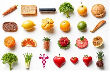 Různé druhy zdravých potravin a symboly zdraví pro specifická onemocnění